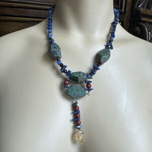 VTG Artisan Pendant Necklace 18.5 Inch Turquoise Lapis‎ Citrine 925 Sterling